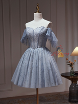 A-line Blue Gray Tulle Beading Homecoming Dress