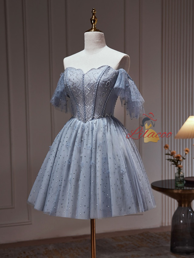 A-line Blue Gray Tulle Beading Homecoming Dress