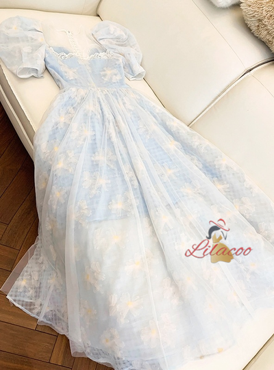 Light Blue Retro Lantern Sleeve Dress