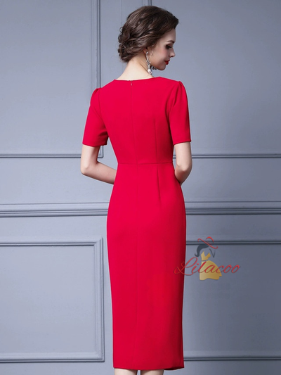 Red Short Sleeve Beading Mother of the Bride Dress