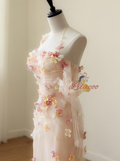 Sexy Pink Tulle Long Sleeve Flower Prom Dress