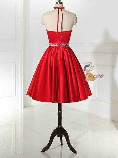 Red Satin Halter Beading Homecoming Dress