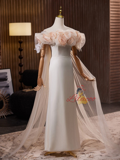 Sexy Light Champagne Tulle Flower Wedding Dress