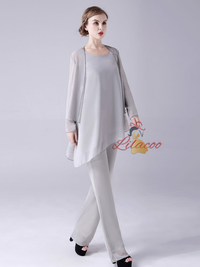 Gray Chiffon 3 Piece Mother Of The Bride Dress