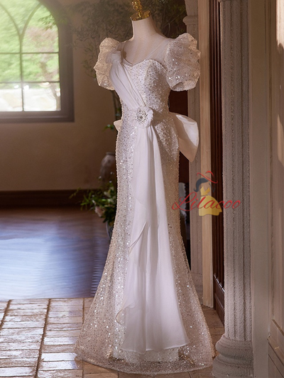 White Mermaid Sequins Puff Sleeve Bow Wedding Dress
