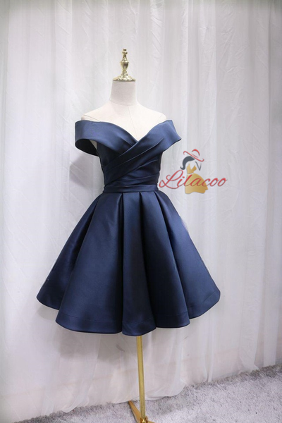 Navy Blue Satin Off the Shoulder Pleats Homecoming Dress