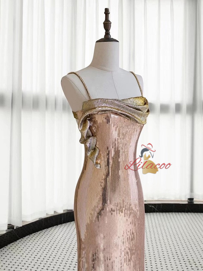 Champagne Sequins Spaghetti Straps Prom Dress