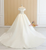 Beige White Satin Appliques Beading Wedding Dress