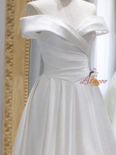 A-Line White Satin Pleats Wedding Dress