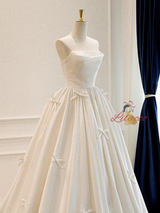 Simple White Satin Strapless Bow Wedding Dress