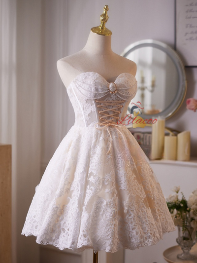 White Lace Strapless Pearls Homecoming Dress