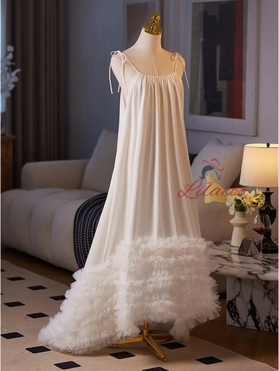 White Loose Tulle Straps Wedding Dress