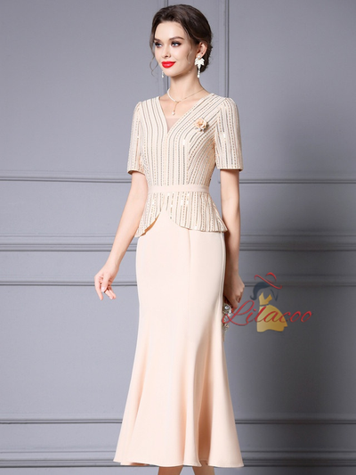 Apricot Short Sleeve Sequins Mother Of The Bride Dress