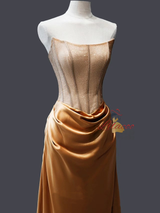 Brown Satin Strapless Pleats Prom Dress