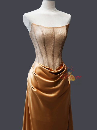 Brown Satin Strapless Pleats Prom Dress