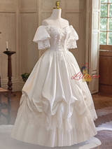 Vintage White Satin Lace Puff Sleeve Wedding Dress