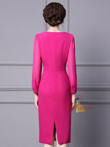 Fuchsia Long Sleeve V-neck Mother Of The Bride Dress