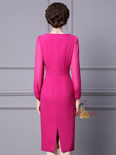 Fuchsia Long Sleeve V-neck Mother Of The Bride Dress