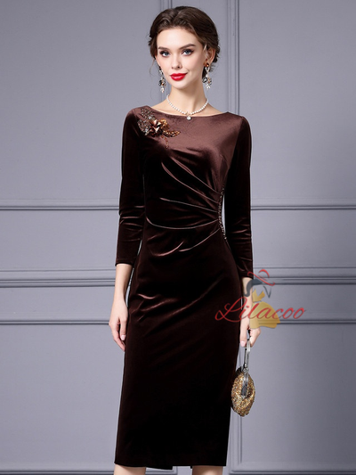 Burgundy Velvet Sequins Mother Of The Bride Dress