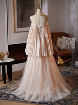 Champagne Tulle Backless Pleats Wedding Dress
