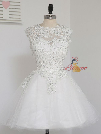White Tulle Appliques Beading Homecoming Dress