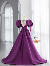 Purple Satin Puff Sleeve V-neck Backless Prom Dress