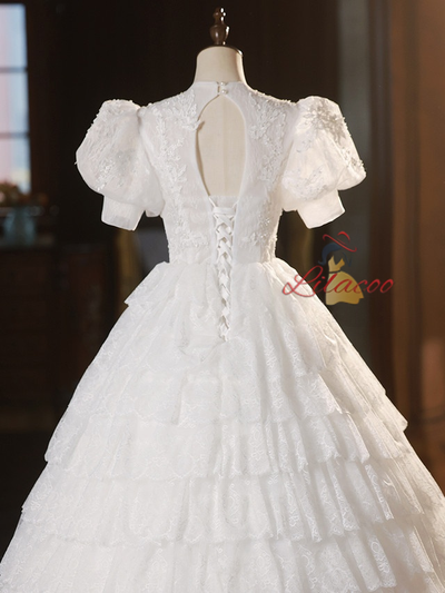 White Ball Gown Lace Short Sleeve Tiers Wedding Dress
