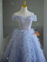 Blue Tulle Sequins Off the Shoulder Prom Dress