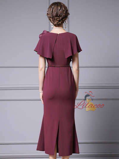Burgundy V-neck 3D Flower Mother Of The Bride Dress