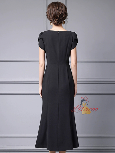 Black Cap Sleeve 3D Flower Mother of the Bride Dress