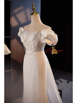 White Mermaid Lace Pearls Wedding Dress