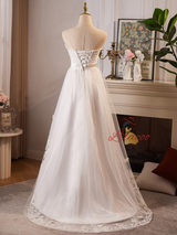 White Tulle Hi Lo Strapless Flower Wedding Dress