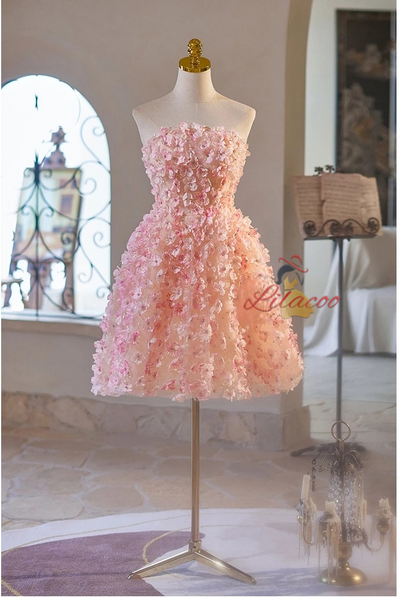 Pink Tulle Strapless 3D Flower Homecoming Dress