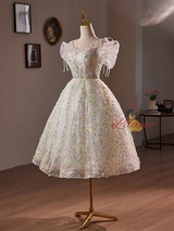 White Tulle Sequins Short Sleeve Homecoming Dress