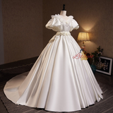 White Satin Puff Sleeve Flower Wedding Dress