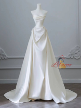 Ivory Satin Off the Shoulder Pleats Wedding Dress