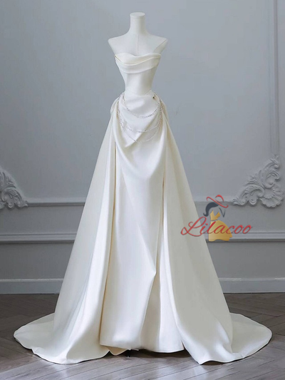 Ivory Satin Off the Shoulder Pleats Wedding Dress