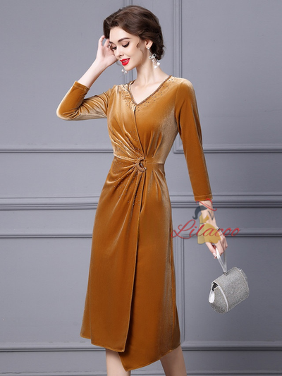Yellow Velvet 3/4 Sleeve Mother Of The Bride Dress