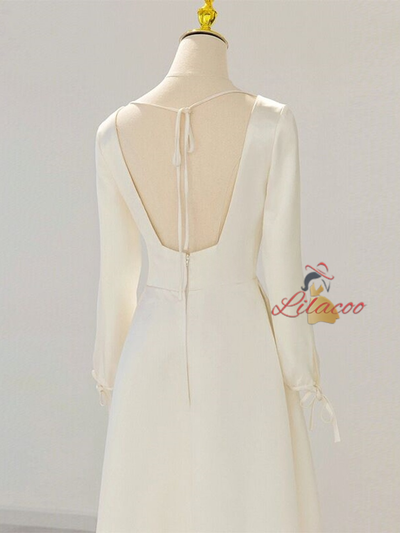 White Satin V-neck Long Sleeve Wedding Dress