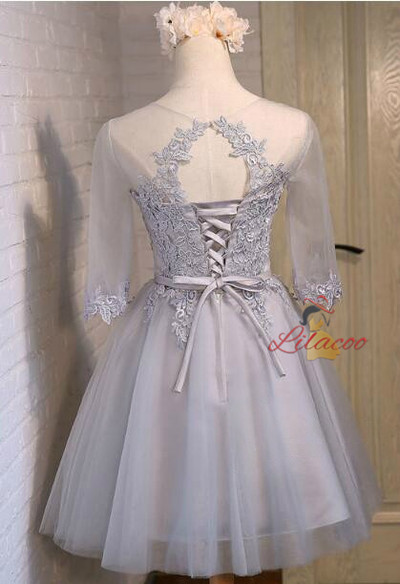 Light Yellow Lace Short Sleeve Homecoming Dress