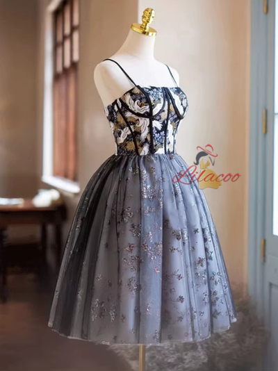 Black Tulle Sequins Embroidery Homecoming Dress