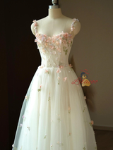White Tulle Straps 3D Flower Tea Length Prom Dress