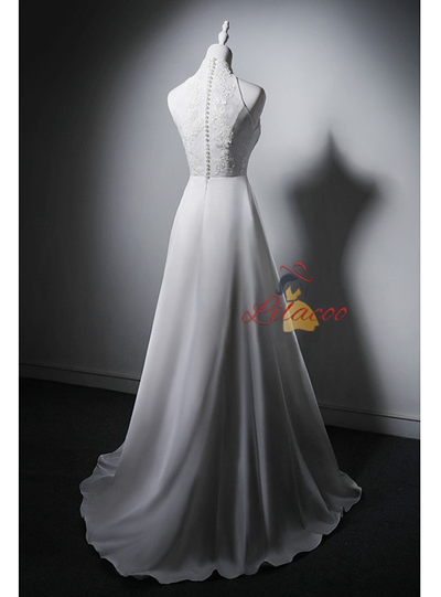 White Satin Lace Halter Wedding Dress