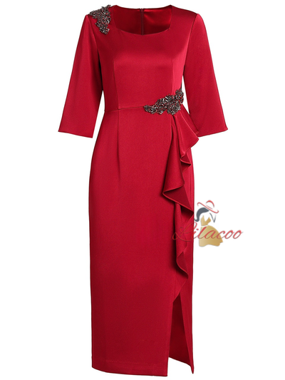 Burgundy Short Sleeve Beading Mother Of The Bride Dress