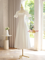 White Square Neck Short Sleeve Bow Wedding Dress