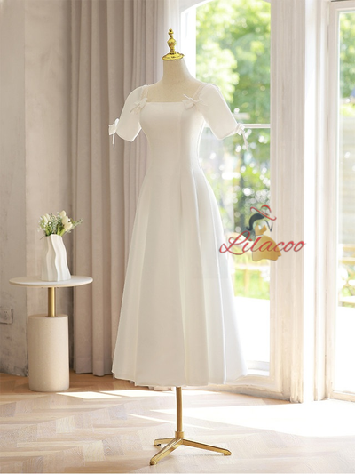 White Square Neck Short Sleeve Bow Wedding Dress