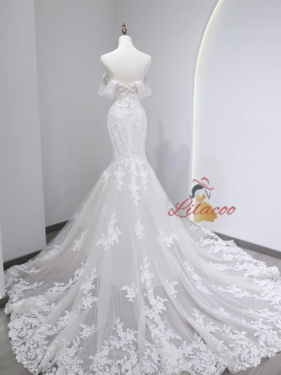 White Mermaid Tulle Appliques Wedding Dress