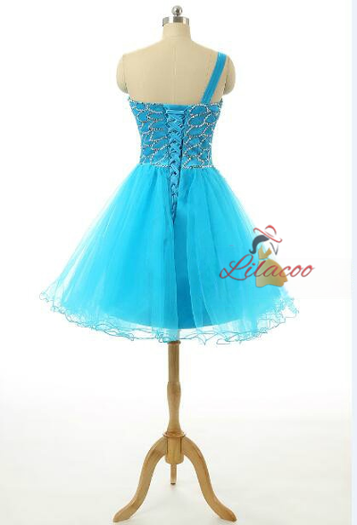 Blue Tulle One Shoulder Beading Homecoming Dress