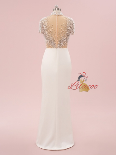 White Sheath Short Sleeve Pearls Prom Dress