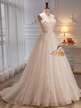 Ivory Tulle Sequins 3D Flower Wedding Dress